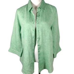 💸$10 Coldwater Creek Women's Large Linen Button Up Green Apple Top Blouse